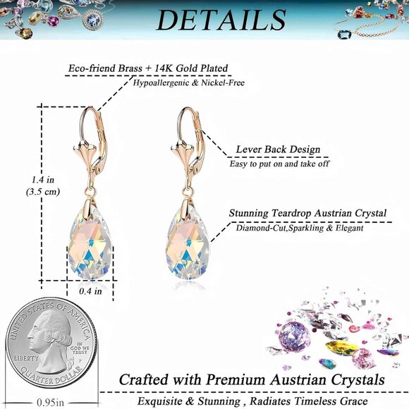 Austrian Crystal Teardrop Leverback Dangle Earrings for Women Fashion 14K Gold P - Picture 4 of 7